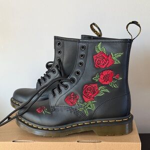 Dr. Martens Black Boots with Red Floral Embroidery